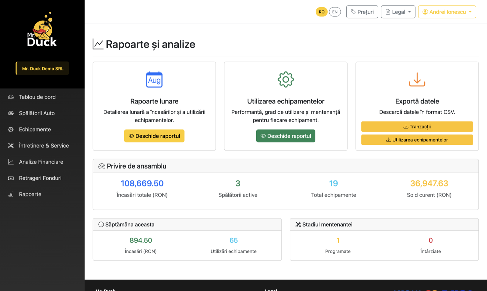 Pagina de rapoarte și analize